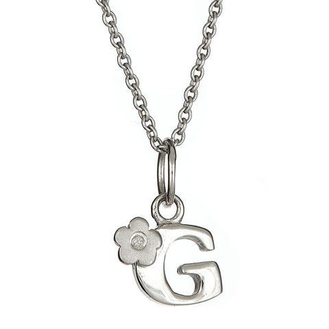 Initial Letter Charm Necklace on 14 Inch Adjustable Chain Rhodium Plated Silver