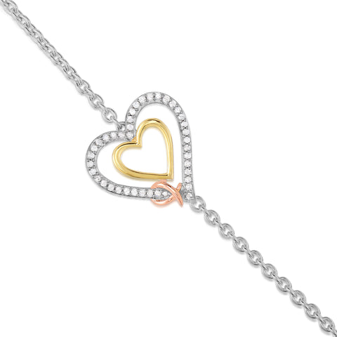 1/5 Cttw Diamond Pink Ribbon Heart Bracelet in Tri Color Plated Sterling Silver
