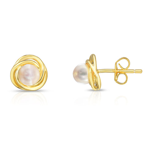Love Knot Pearl Earrings or Necklace in Yellow Gold Plated Sterling Silver