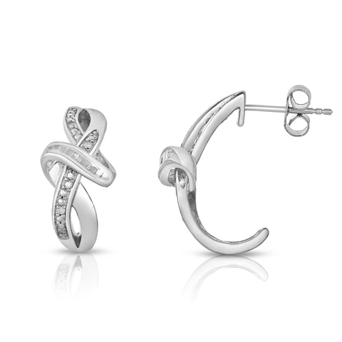 Diamond Accent Baguette Round Knot Design Hoop Earrings Rhodium Plated Silver