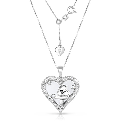 1/10 Cttw Diamond Family Heart Ribbon Necklace Rhodium Plated Silver