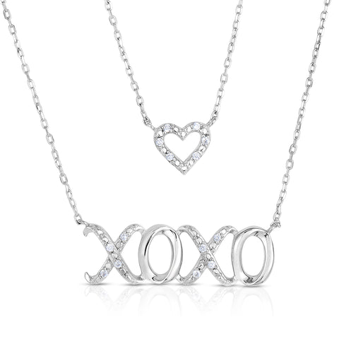 1/10 Cttw Diamond Heart Xoxo Double Strand Necklace in Rhodium Plated Silver
