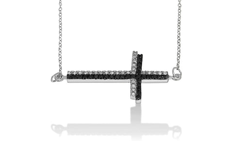 1/3 Cttw Black and White Diamond Cross Necklace or Ring in Rhodium Plated Silver