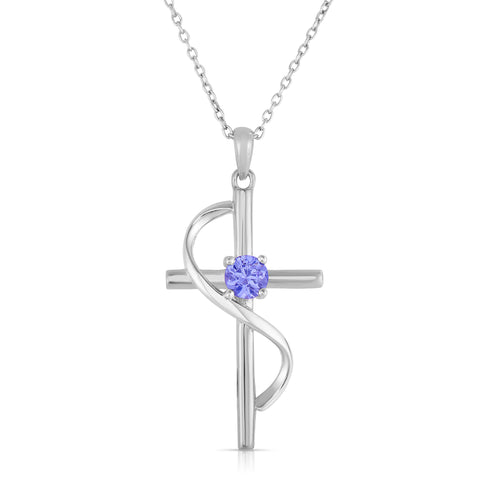 Ribbon Tanzanite Cross Necklace in Rhodium Plated Sterling Silver