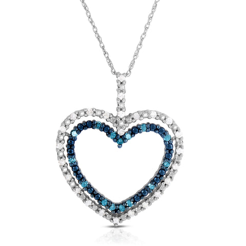 1/2 Cttw Diamond Blue and White Heart Necklace in Rhodium Plated Sterling Silver
