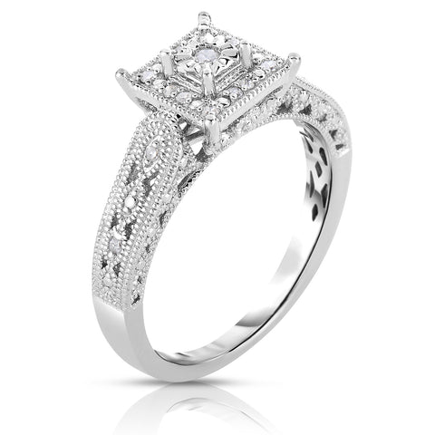 1/10 Cttw Diamond Vintage Style Promise Ring in Rhodium Plated Sterling Silver