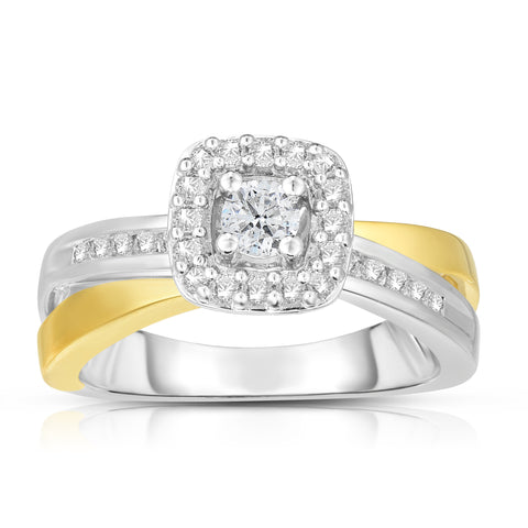 Two Tone 1/2 Cttw Diamond Princess Promise Ring Yellow Gold Plated Silver