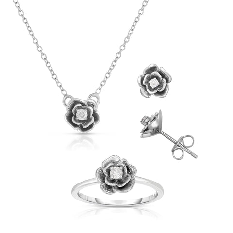 1/4 Cttw Diamond Flower Jewelry Set Rhodium Plated Silver
