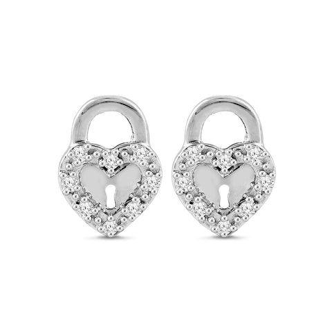 1/10 Cttw Diamond Heart Lock Earrings for Women in Sterling Silver