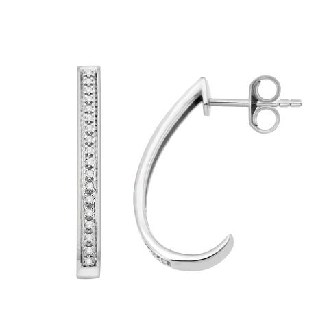 1/10 Cttw Diamond Round Hoop Earrings J Hoop in Rhodium Plated Sterling Silver