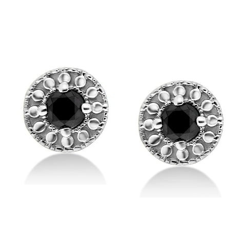 1/4 Cttw Black Diamond Beaded Halo Stud Earrings Rhodium Plated Silver