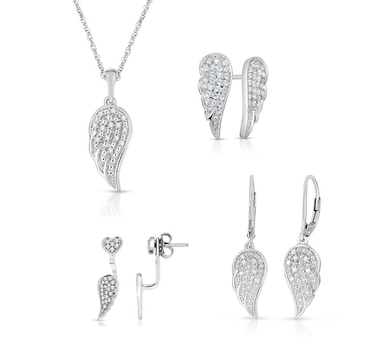 Guardian Angel Diamond Wing Jewelry in Rhodium Plated Sterling Silver