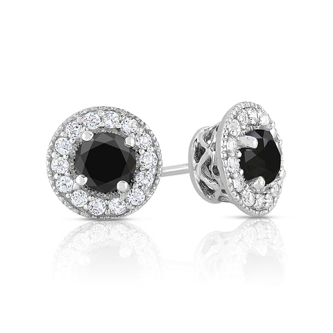 1.50 - 2 Cttw Black Diamond Halo Stud Earrings in Rhodium Plated Sterling Silver