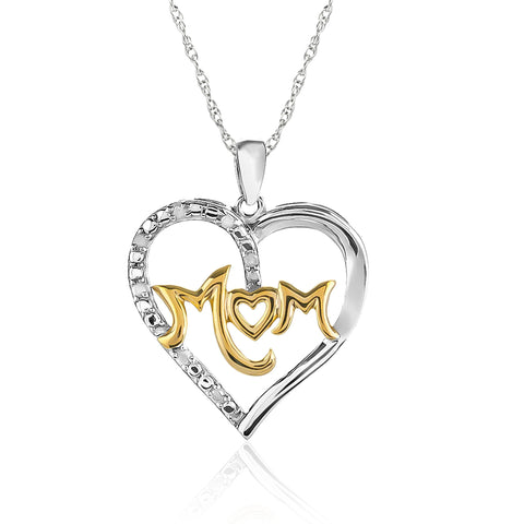 1/10 Cttw Diamond Mom Heart Necklace in Two Tone Rhodium Plated Sterling Silver