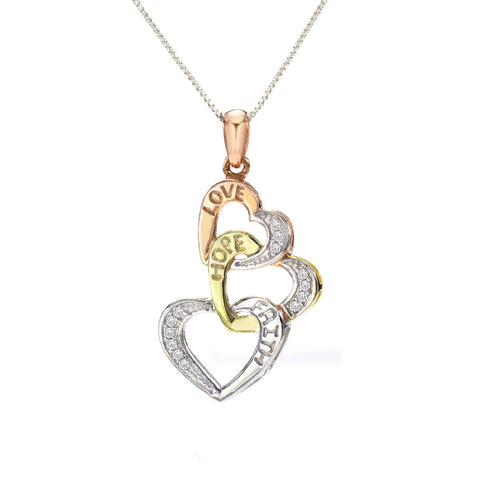 1/10 Cttw Diamond Faith Hope Love Tricolor Plated Silver Triple Heart Necklace