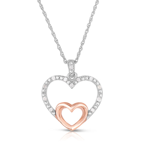 1/10 Cttw Two Tone Diamond Heart Necklace in Rhodium Plated Sterling Silver