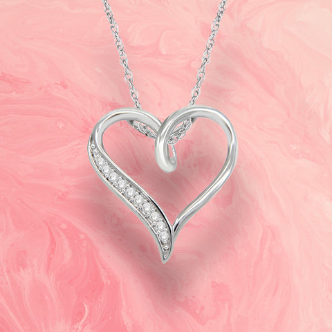 1/10 Cttw Diamond Heart Necklace for Women in Rhodium Plated Sterling Silver