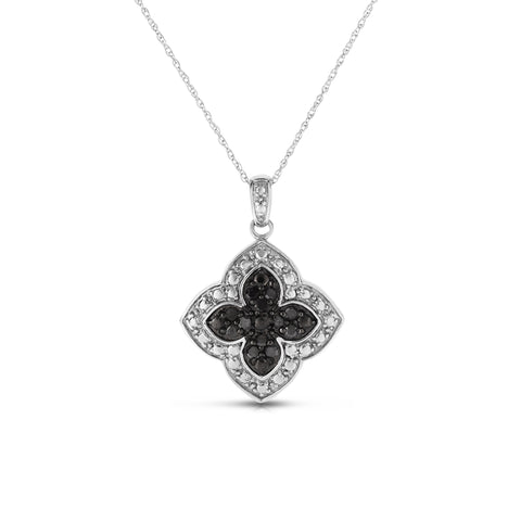 1/4 Cttw Black and White Diamond Flower Necklace for Women Rhodium Plated Silver