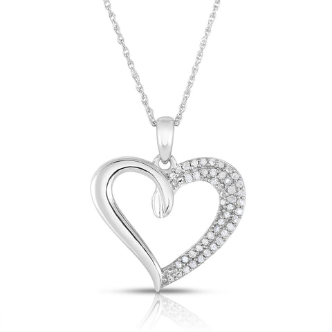 1/4 Cttw Double Row Diamond Heart Necklace Rhodium Plated Silver