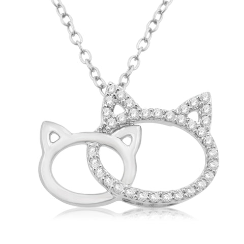 1/4 Cttw Diamond Mom Baby Cat Necklace 18 Inch Chain Rhodium Plated Silver