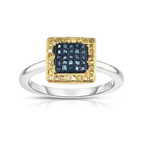 1/3 Cttw Blue and Yellow Diamond Square Engagement Ring Rhodium Plated Silver