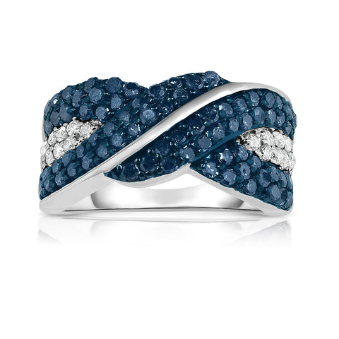 1 1/4 Cttw Blue and White Diamond Ribbon Band Ring Rhodium Plated Silver
