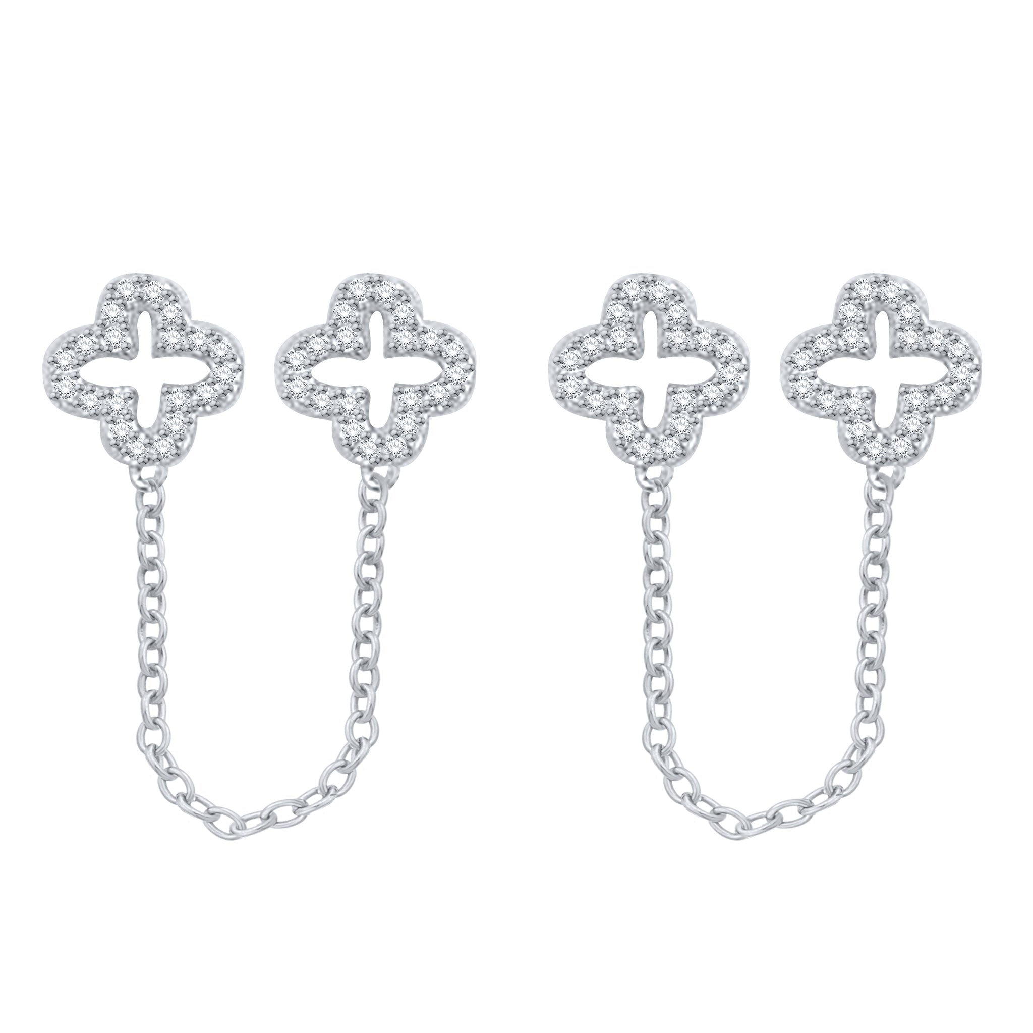 0.33 Cttw Diamond Clover Double Stud Earrings, Sterling Silver