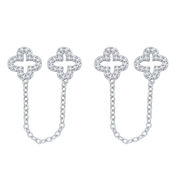 0.33 Cttw Diamond Clover Double Stud Earrings, Sterling Silver