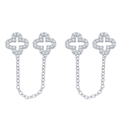 0.33 Cttw Diamond Clover Double Stud Earrings, Sterling Silver