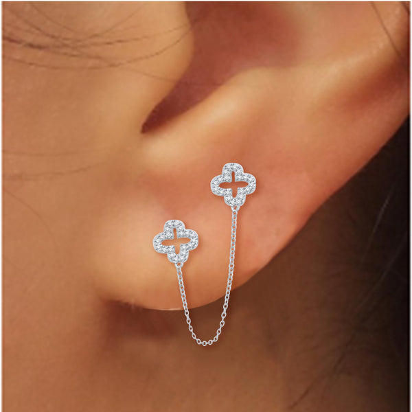 0.33 Cttw Diamond Clover Double Stud Earrings, Sterling Silver