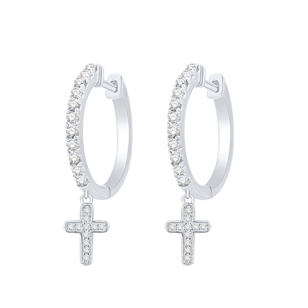 Diamonds Cross Hoop Earrings, Sterling Silver