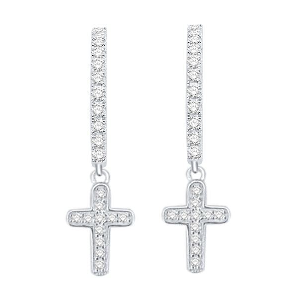 Diamonds Cross Hoop Earrings, Sterling Silver