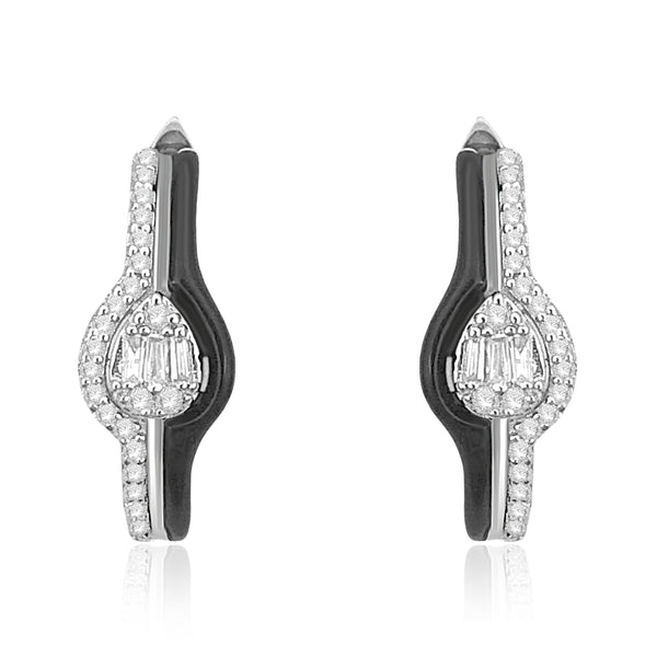 0.25 Cttw Diamond Black Enamel Earrings, Sterling Silver