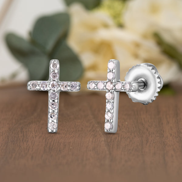 1/10 Cttw Diamond Cross Stud Earrings for Women in Sterling Silver