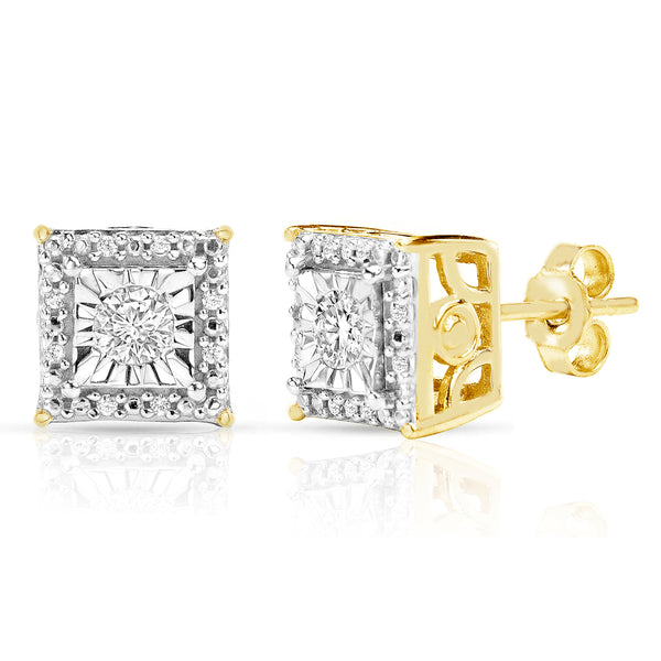 1/4 Cttw Round Halo Diamond Stud Earrings Yellow Gold or Rose Gold Plated Silver