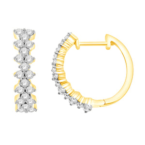 1.00 Cttw Diamond Cluster Hoop Earrings, 14K Yellow Gold