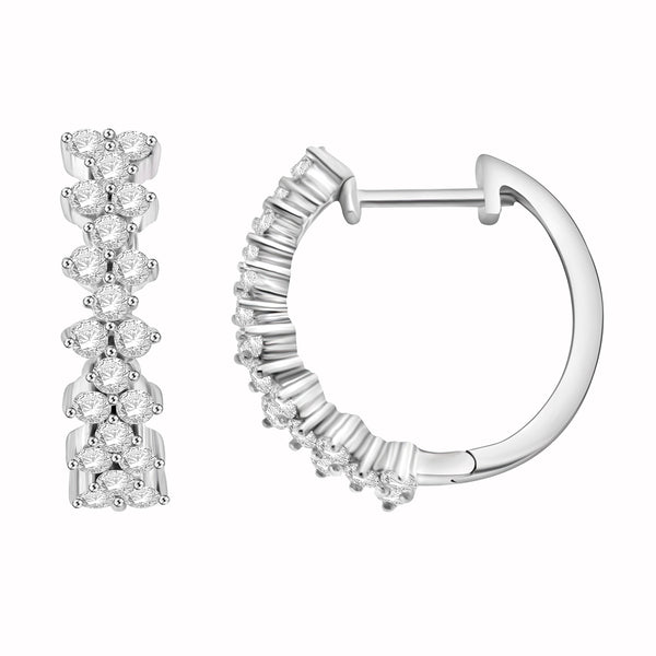 1.00 Cttw Diamond Cluster Hoop Earring, 14K White Gold