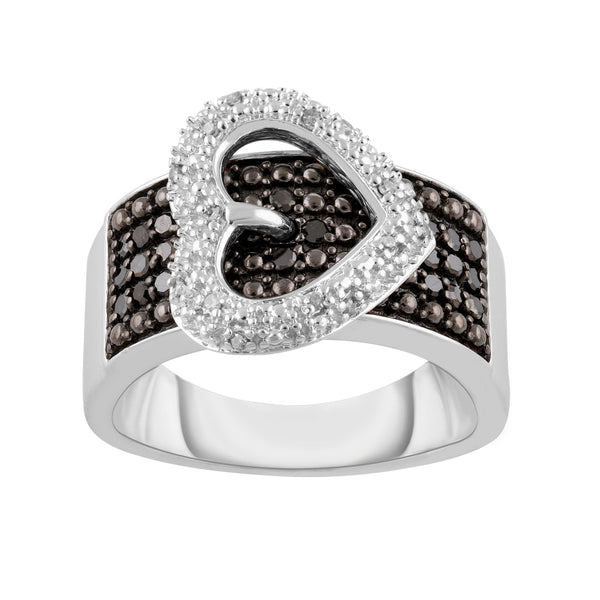 1/4 Cttw Black and White Diamond Heart Buckle Ring in Rhodium Plated Sterling Silver for Women