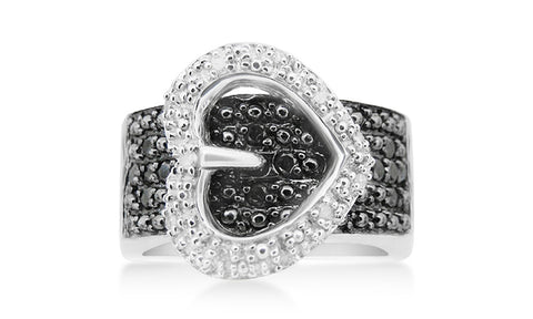 1/4 Cttw Black and White Diamond Heart Buckle Ring in Rhodium Plated Sterling Silver for Women