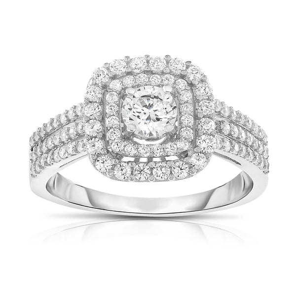 1.00 Cttw Double Halo Diamond Ring, 14K White Gold