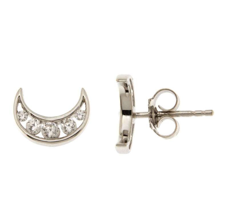 0.20 Cttw Diamond Single Moon Stud Earring, 14K White Gold