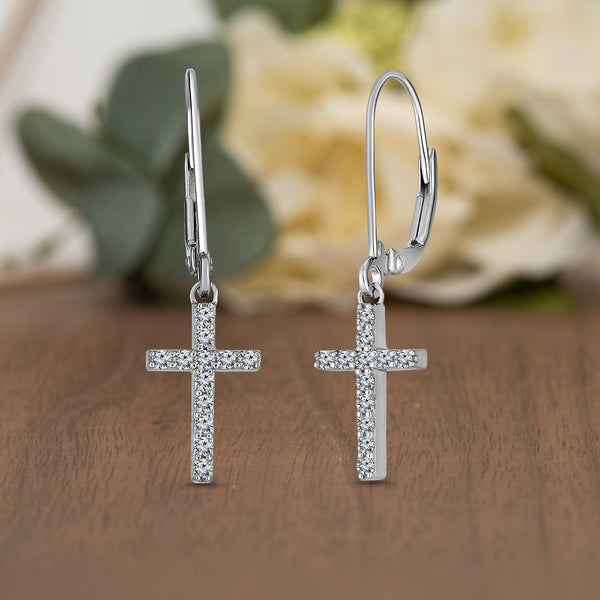 1/4 Cttw Diamond Cross Dangle Earrings for Women in Rhodium Plated Silver