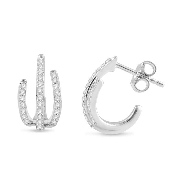 1/3 Cttw Diamond Huggie Hoop Earrings for Women Three Open Rows in Silver