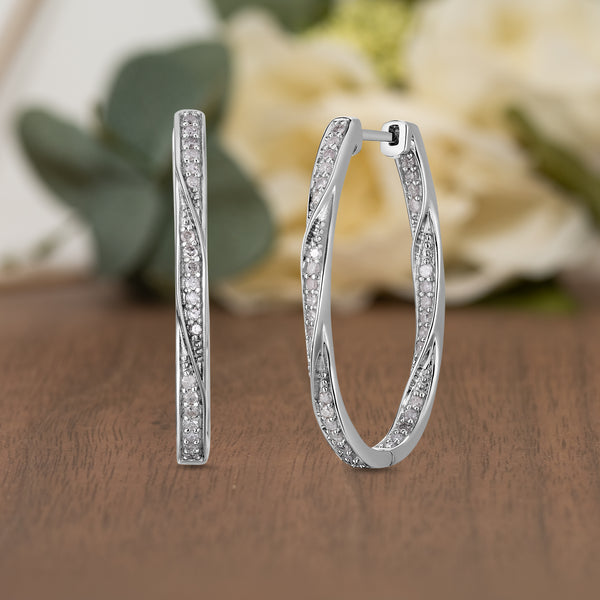 1/2 Cttw Diamond Hoop Earrings for Women in Rhodium Plated Silver Twisted In Out