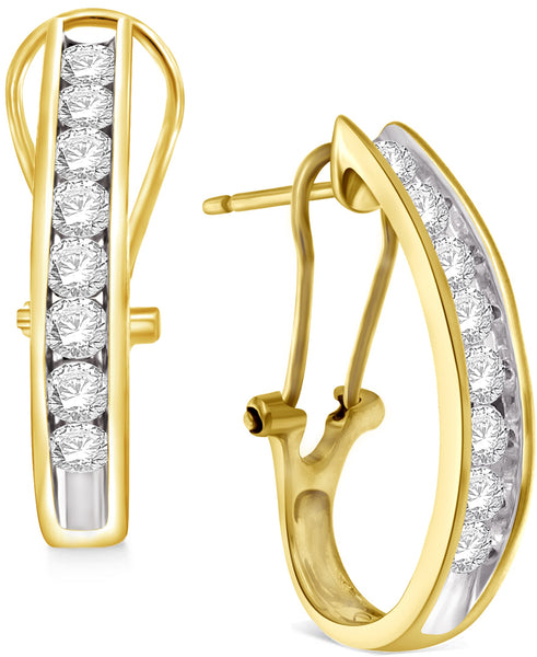 10K Gold 1 Cttw Diamond J Hoop Earrings with Omega Backs for Women Channel Set