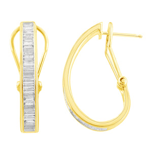 1.00 Cttw Diamond Baguette Hoop Earrings, 14K Gold