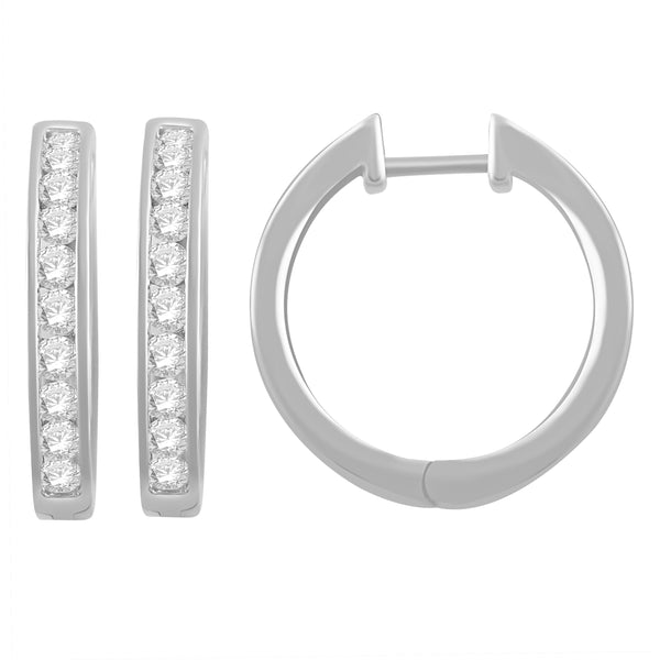 1.00 Cttw Diamond Hoop Earrings, 14K White Gold