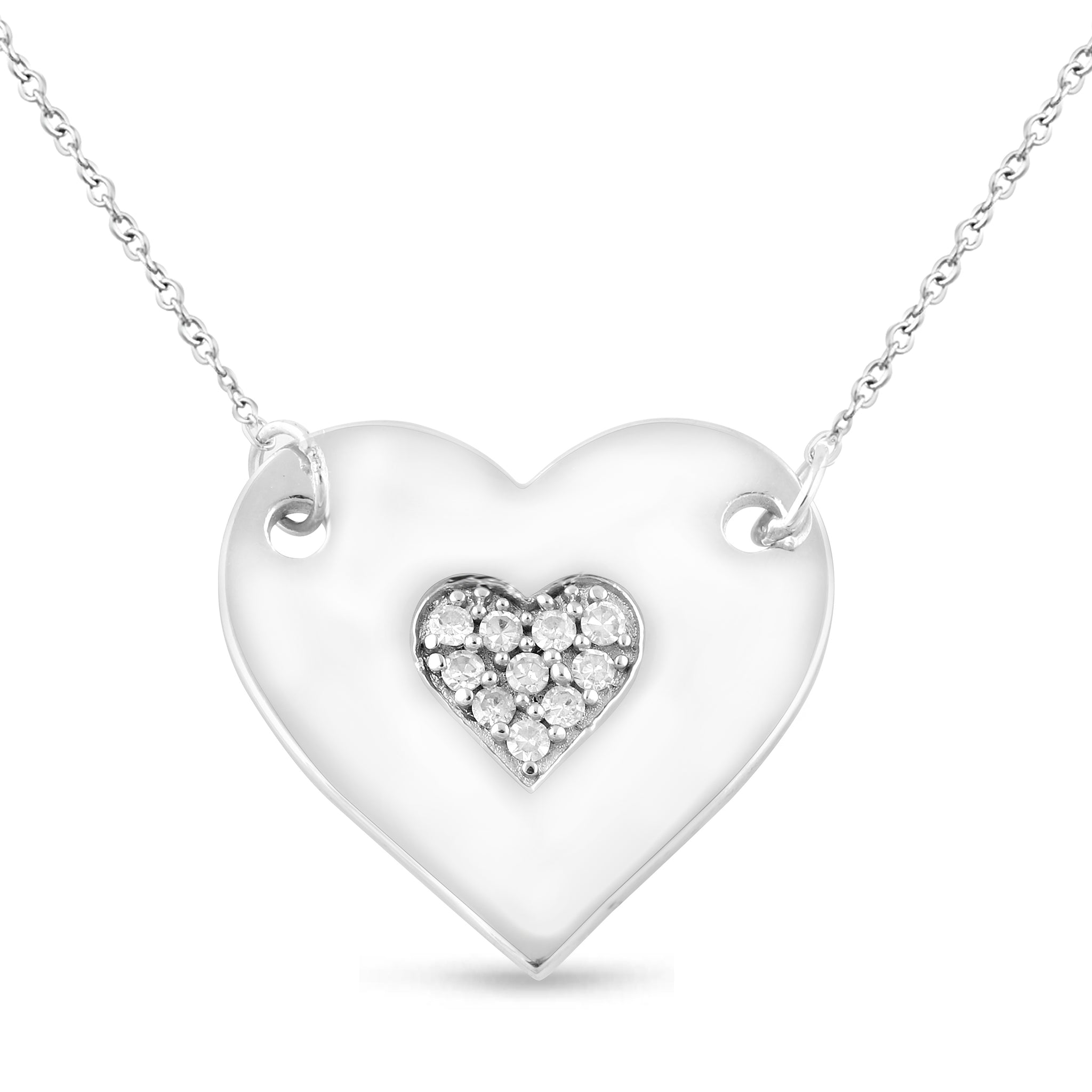 1/10 Cttw Diamond Polished Heart Necklace in Rhodium Plated Sterling Silver (Color IJ / Clarity I2)