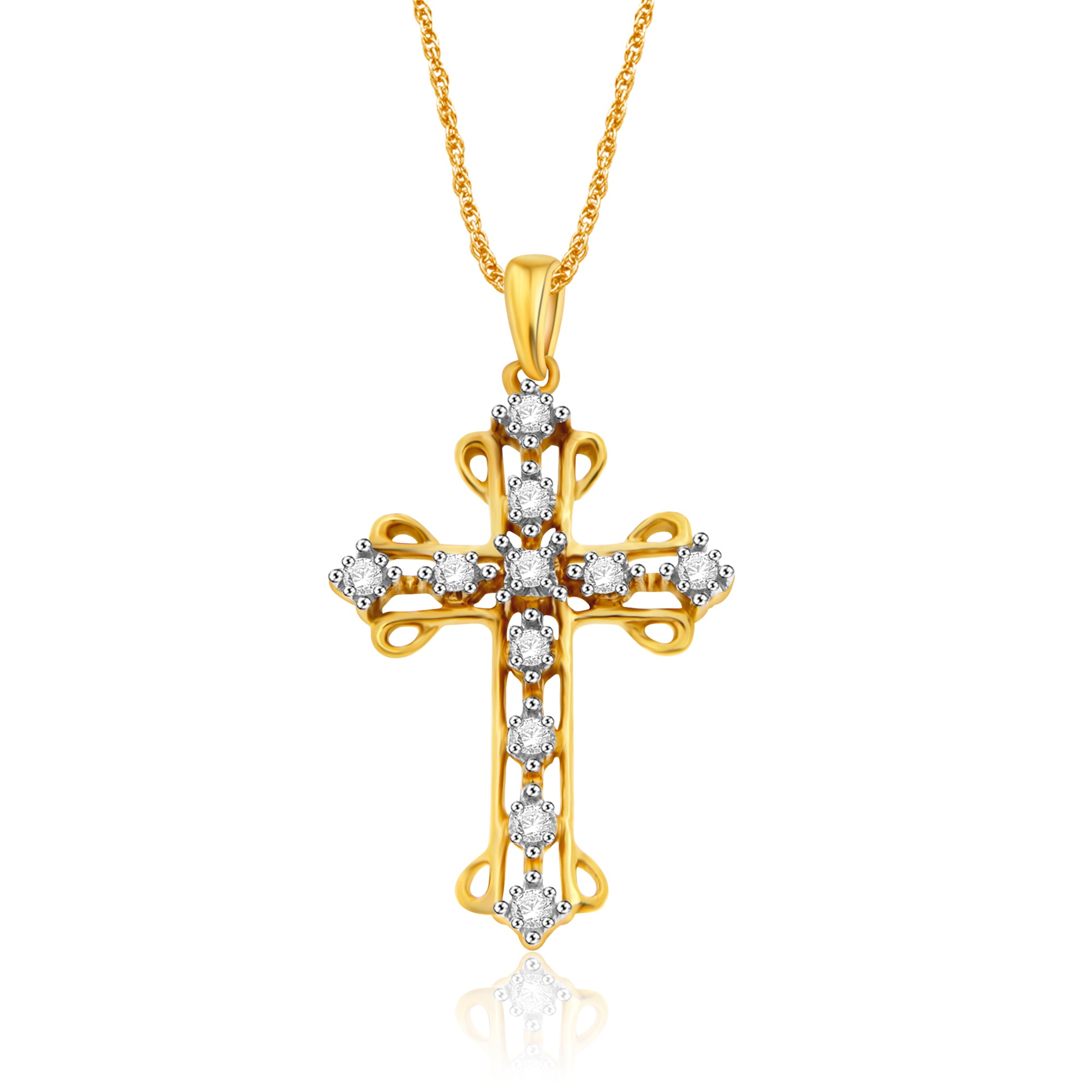 1/4 Cttw Antique Style Diamond Cross Necklace in Yellow Gold Plated Silver