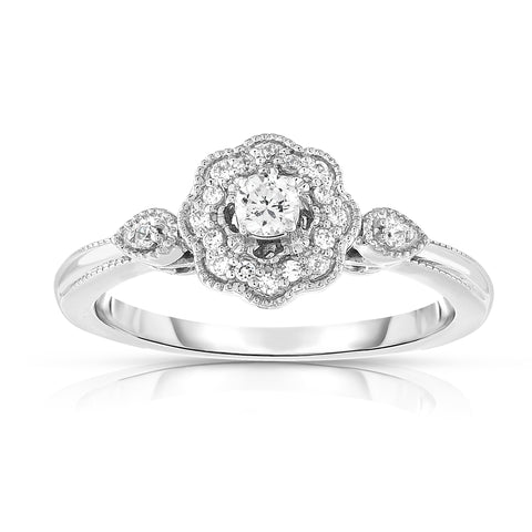 0.20 Cttw Diamond Floral Ring, 14K White Gold